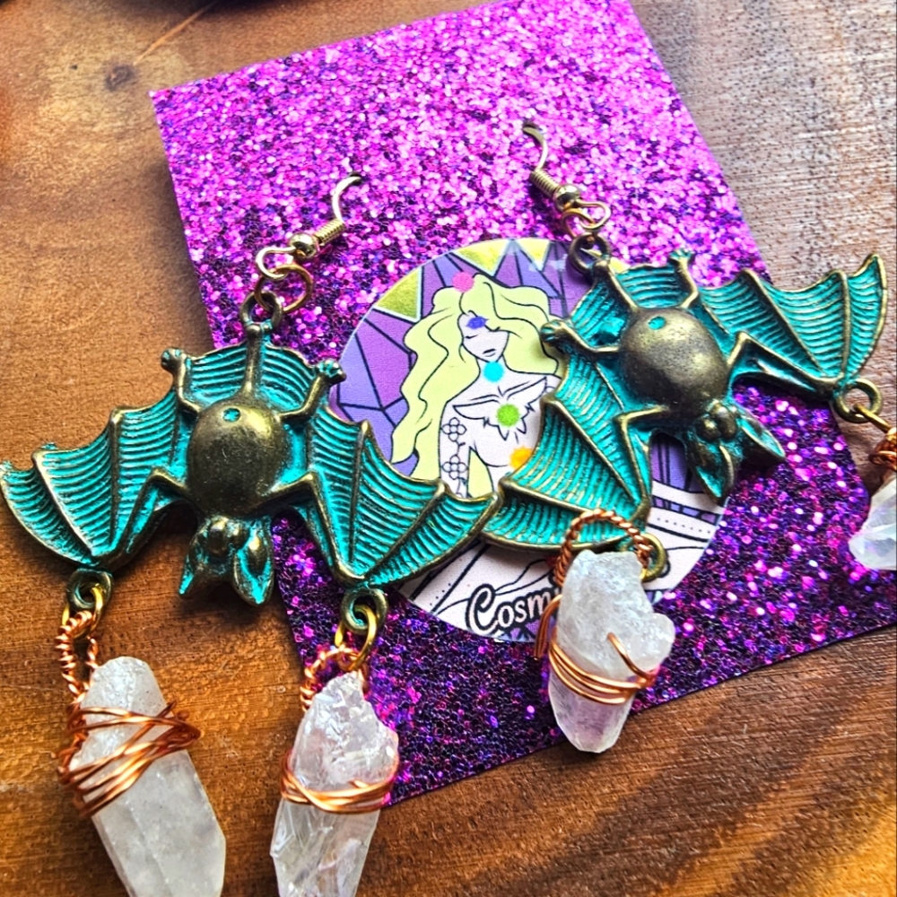 Handmade Greenish Bat Earrings.